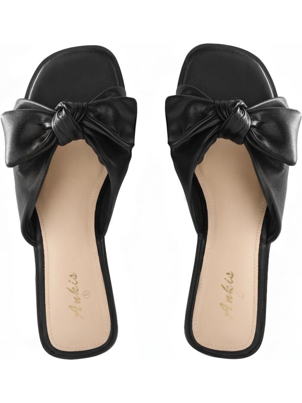 🆕Women's Black Bow Flat Sandals Square Open Toe Dressy Comfortable Slides